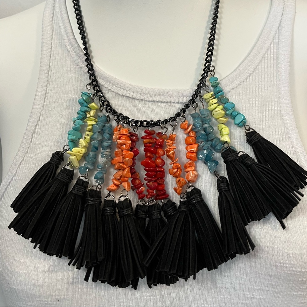 Multicolor Beaded Leather Fringe Tassel Necklace Handmade